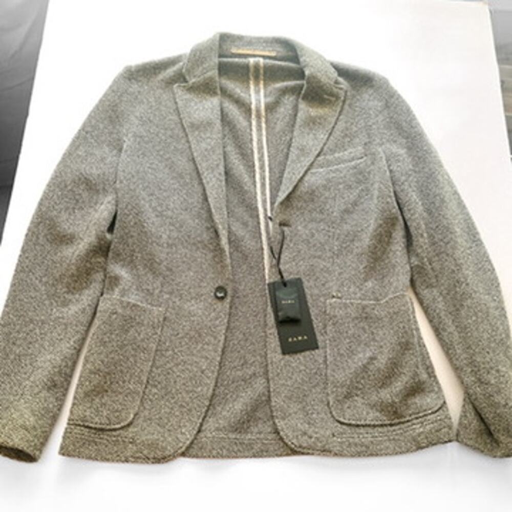 Zara Man Unstructured Blazer 2 Button Gray Knit Cotton Blend Pen Slot US36R
